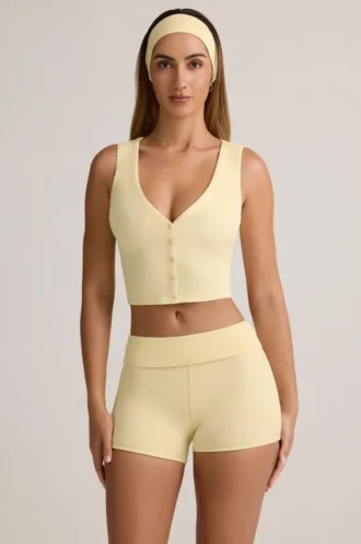 Top vestă cu nasturi din modal cu nervuri Lene, în culoarea galben crem