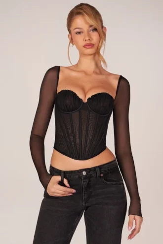 Topuri cu mâneci lungi și corset Zella, negru