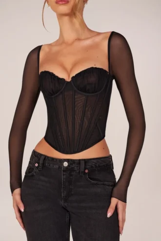 Topuri cu mâneci lungi și corset Zella, negru