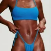 Topuri de bikini cu bretele și decolteu rotund din seersucker, albastru neon Topuri de bikini cu bretele și decolteu rotund din seersucker, albastru neon