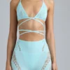 Topuri de bikini Liberty cu bretele încrucișate și ornamente, în culoarea albastru gheață Topuri de bikini Liberty cu bretele încrucișate și ornamente, în culoarea albastru gheață