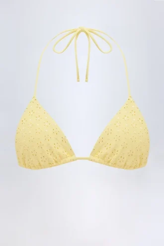 Topuri de bikini triunghiulare Recife cu broderie englezească, în galben lămâie Topuri de bikini triunghiulare Recife cu broderie englezească, în galben lămâie