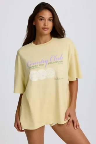 Tricou oversized cu imprimeu grafic, culoare lămâie