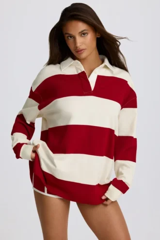 Tricou oversized cu mâneci lungi, cu dungi, în roșu închis