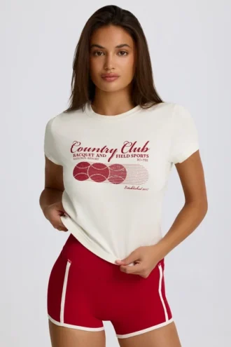 Tricou scurt cu imprimeu grafic, culoare ivoriu