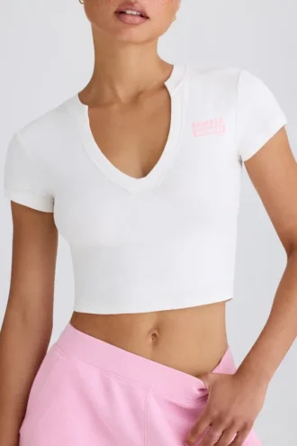 Tricou scurt din jersey de bumbac elastic cu imprimeu grafic, în alb