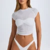 Tricou scurt, transparent, cu volane, model Santana, în culoarea alb