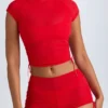 Tricou scurt transparent cu volane Santana în roșu aprins Tricou scurt transparent cu volane Santana în roșu aprins